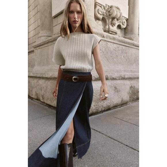 ZARA Z1975 BELTED DENIM MIDI WRAP SKIRT - Picture 3 of 9